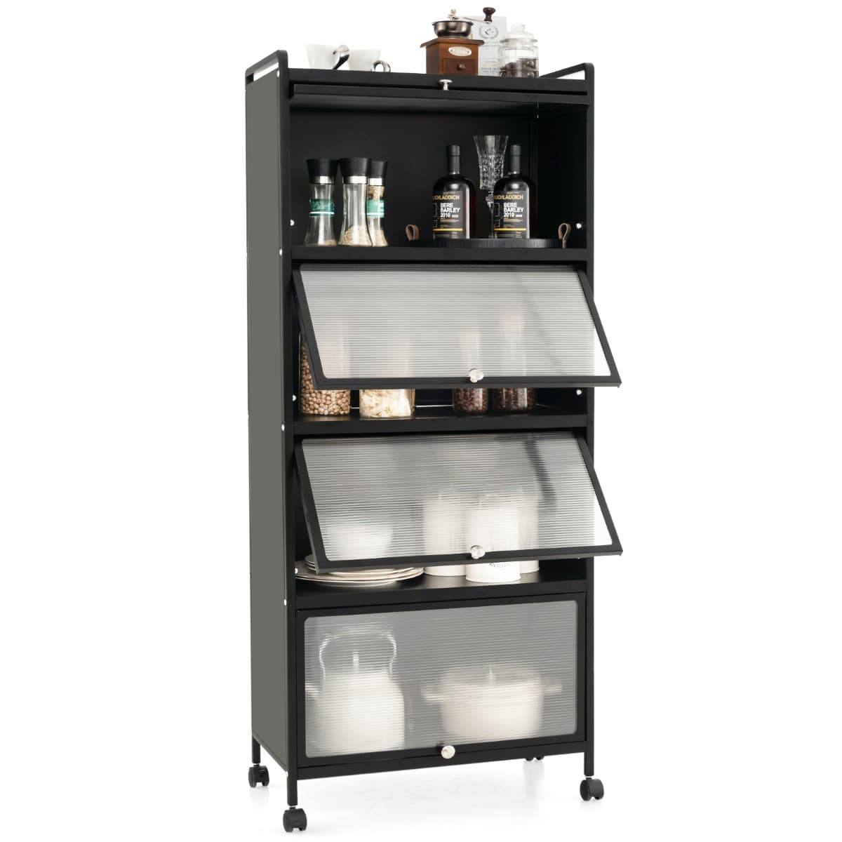 CostwayÉtagère de Cuisine 5 Niveaux avec 4 Portes PC Escamotables Meuble de Rangement avec 4 Roues pour Salle à Manger Salon Noir