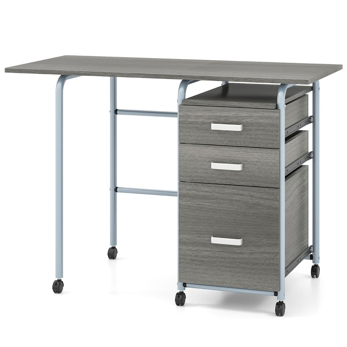 Bureau Pliable avec 3 Tiroirs Table D'écriture Roues Verrouillables avec Cadre en Métal pour Dortoir