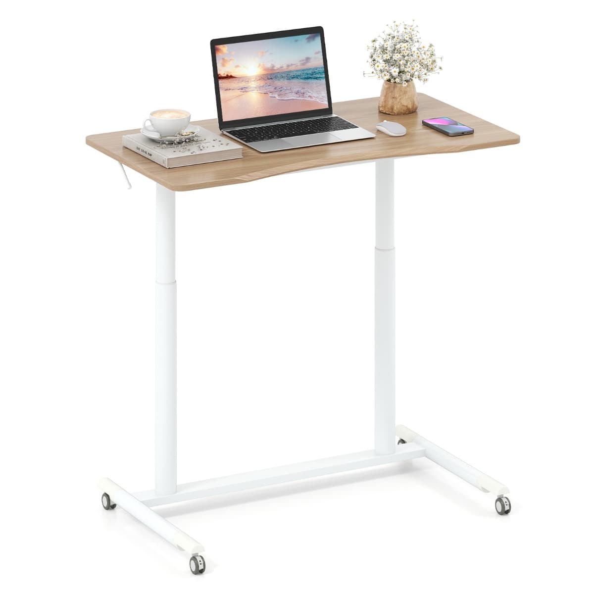 Bureau Mobile Debout Bureau d’Ordinateur Réglable en Hauteur en Forme de C avec Roulettes Verrouilla