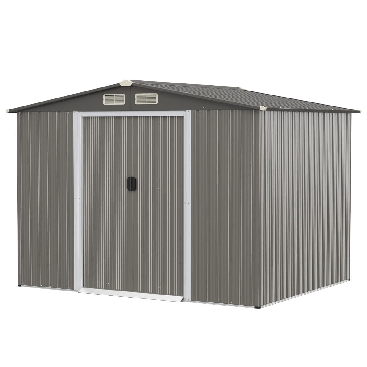 CostwayAbri de Jardin Métal Extérieur 9,74m³ Acier Galvanisé avec Fondation 4 Persiennes Double Porte et Rampe 260 x 207 x 181 cm Gris Foncé