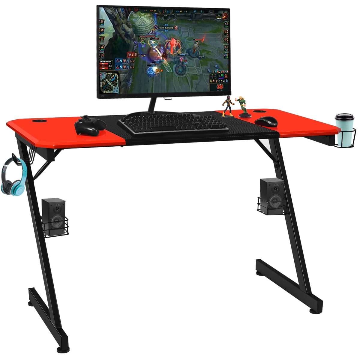 CostwayBureau Gaming Porte-gobelet Crochet pour Ecouteurs Supports Audio Surface en Fibre de Carbone 120x60x76cm Noir+Rouge