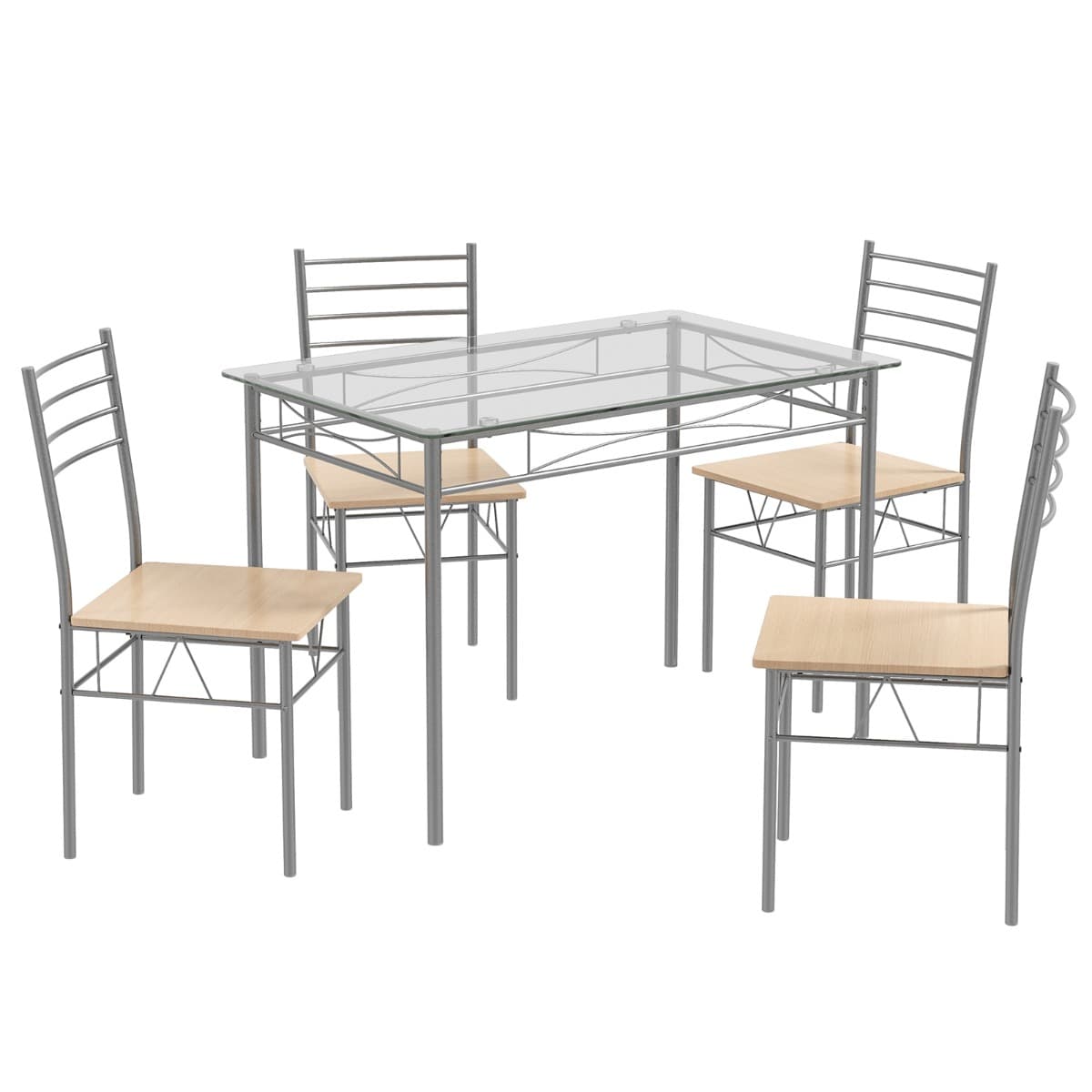 CostwayEnsemble Table et 4 Chaises Table à Manger avec 4 Chaises Cadre en Métal Table Cuisine en Verre pour Cuisine Restaurant Salon