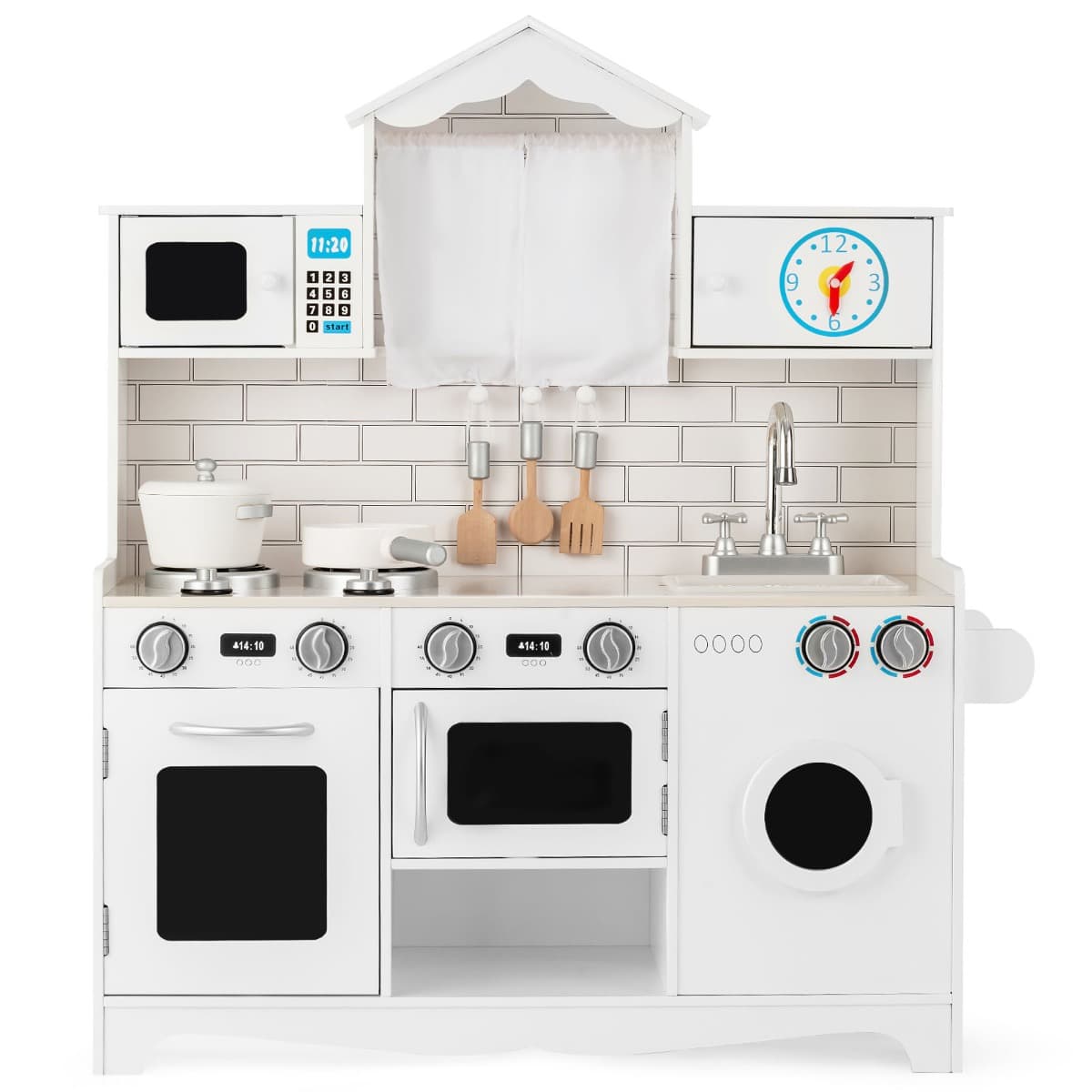 CostwayCuisine pour Enfants en Bois 3 Ans+ Cuisiniere Enfants avec Lumière & Effet Sonore Machine à Laver Micro-Ondes