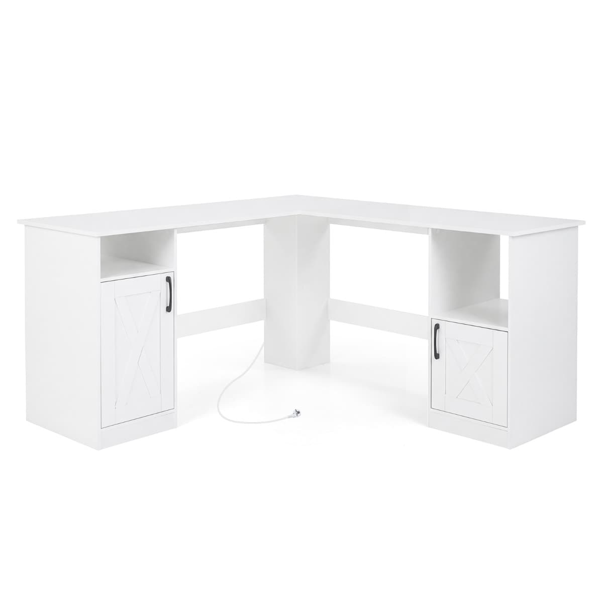 Bureau d’Angle en Forme de L Bureau Informatique avec Station de Charge Intégrée 2 Prises Étagères P