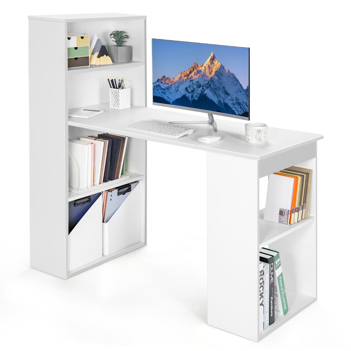 Bureau D'ordinateur avec Bibliothèque Bureau D'écriture Compact de 120 Cm avec Étagères de Rangement