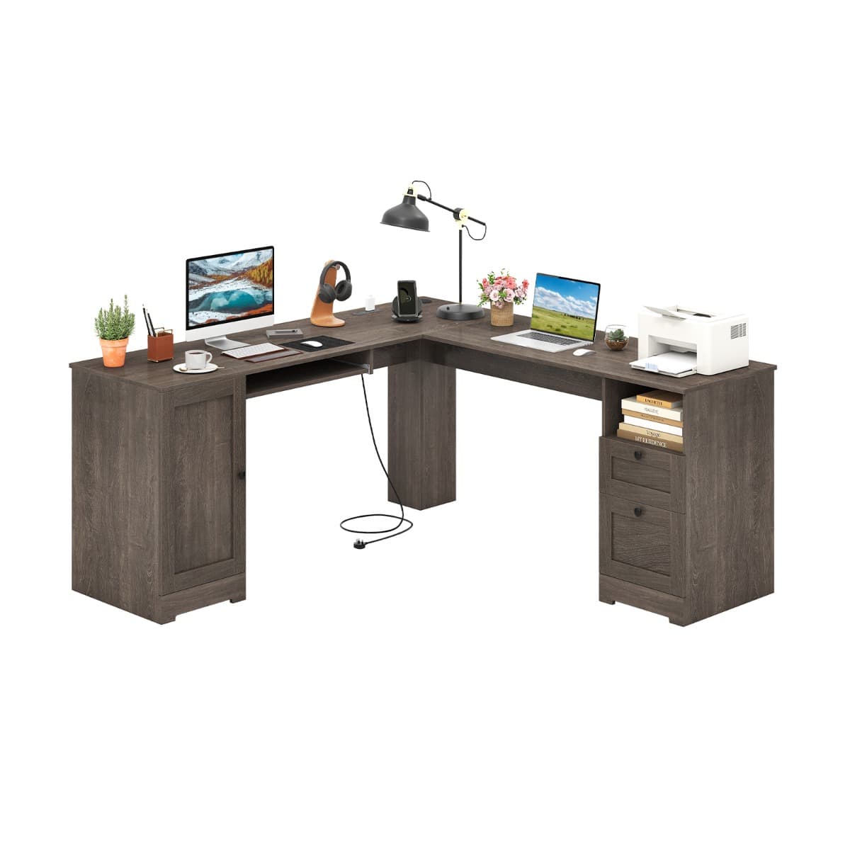 Bureau d'Ordinateur en Forme de L de 168 cm avec Prises de Courant Bureau Moderne avec 2 Tiroirs de