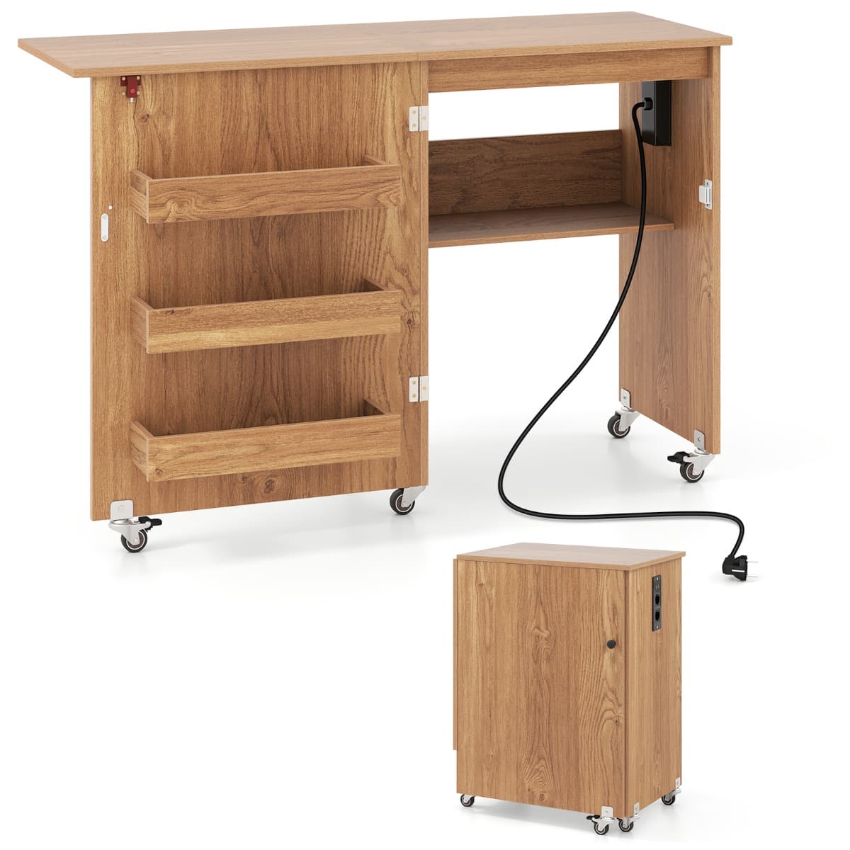 Table de Couture Pliante avec Station de Charge Chariot de Bricolage Pliable avec Étagère et Tiroirs